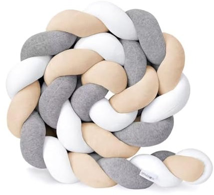 Mineliste Bettschlange Geflochten, Bettschlange, Kantenschutz Bettumrandung Knotenkissen, Seitenschläferkissen, Kopfschutz, Sofakissen, Weiß/Grau/Beige, 2M