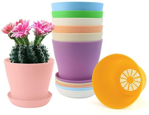 Tecfinty Plant Pots Indoor,8Pcs 12cm Small Plant Pots Indoor with Trays,Plant Pot for Home,Office,Desk - 8 Colors,Durable and Stylish Planters