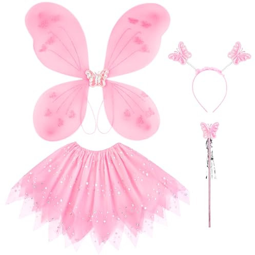 AYBUY Costume Farfalla Bambina, 4 Pcs Costume Fata Ragazza con Bacchetta Magica e Fascia, Ali di Farfalla Set con Paillettes Tutu Gonna, per Capelli a Farfalla, Stile Paillettes(Rosa)