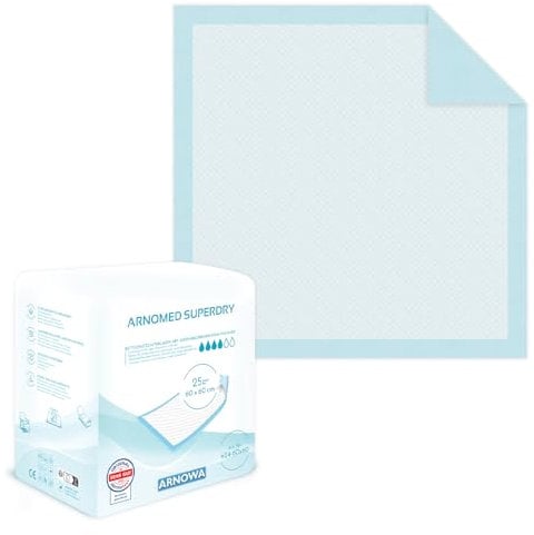 25x ARNOMED Inkontinenzunterlage Einweg, saugfähige Krankenunterlagen 60x60cm, Baby Wickelunterlage Einweg, 5-lagige Zellstoff Unterlagen Bett bei Inkontinenz, Betteinlagen Einweg, Wickelunterlage