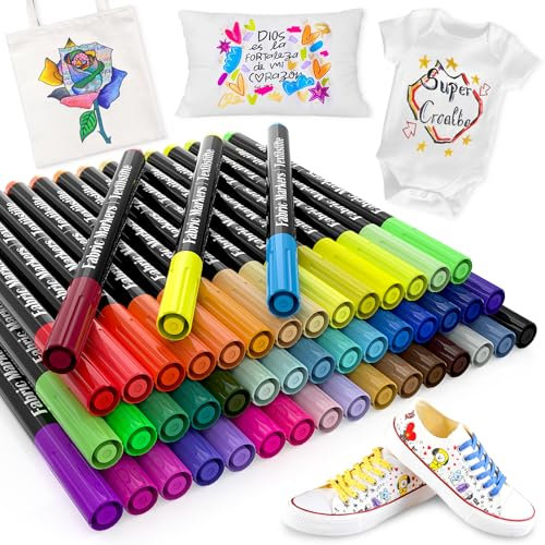 ANYUKE 48 Marqueurs Textile et Tissu, Marqueur Indelebile Non-Toxique,Feutres Textiles Permanent pour Vêtements Décorer des T Shirt,Sac Tissu,Chaussures,Tote Bag