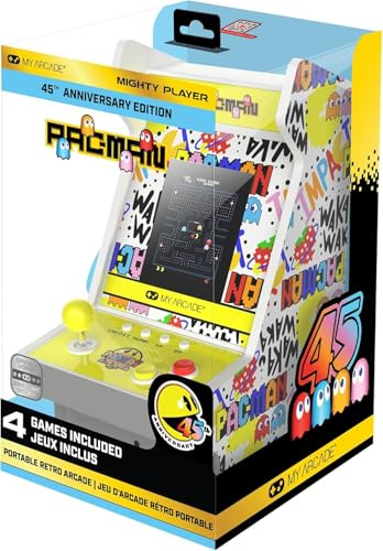 My Arcade Pac-Man 45th Anniversary Mighty Player : console Pac-Man 45e anniversaire, jeux rétro, jeux d'arcades de comptoir, chapiteau lumineux, 4 jeux en 1, batterie rechargeable