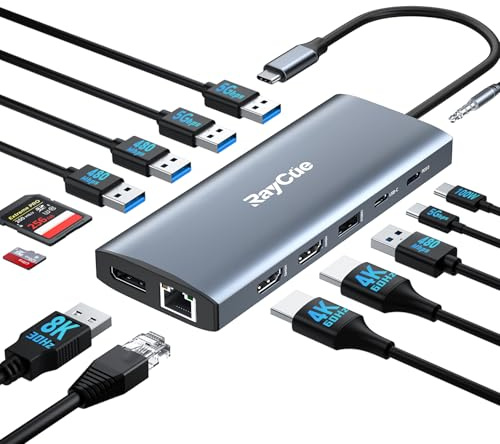 Docking station USB C con triplo display 4K 14 in 1, DisplayPort singolo fino a 8K a 30 Hz/4K a 144 Hz/4 K a 120 Hz, adattatore multiporta hub USB C con 2 HDMI, 7 porte USB, 100 W PD, Ethernet, audio