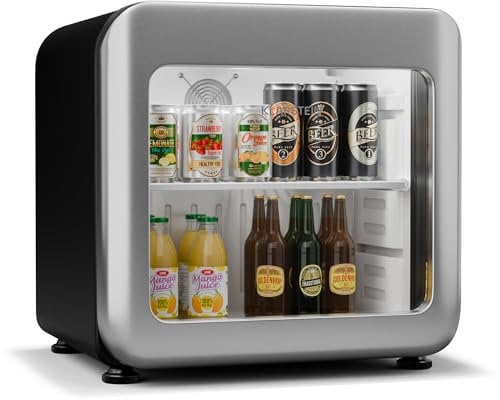 Klarstein Audrey Evo Drinks Fridge - 46L Beverage Refrigerator, Double-Glazed Door, 0-10°C, LED Lighting, Energy Class C, Retro Design, Adjustable Feet, Silver