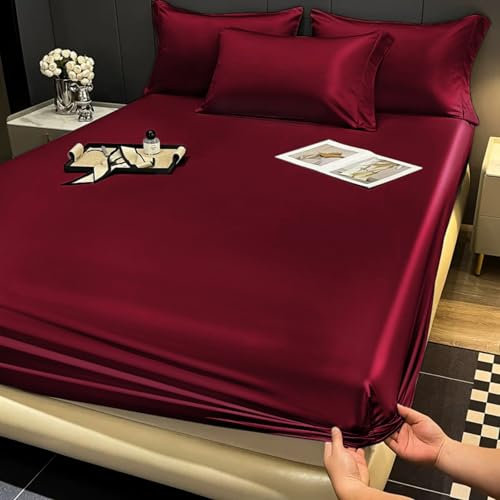 Gezu Satin Spannbettlaken 140x200cm Weinrot Rot Glänzend Uni Seide Seide Glänzend Bettlaken Hochwertiges Deluxe Unifarben Spannbetttuch 140x200cm Microfaser Bettlaken für bis 10-30cm Matraze