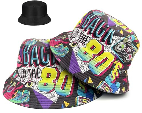 TUONYIS 2 Stück Fischerhüte Bucket Hat Retro 80er Jahre, Retro 80er Jahre Thema Eimer Hüte für Frauen Männer, 90er 80er Jahre Accessoires