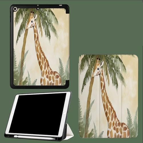 Funda para iPad A16 11ª Generación 11 Pulgadas 2025 con Ranura de Lapiz, Cubierta de Carcasa Tríptico Auto Sueño/Despertar Dibujos Animados Animales Jirafa Palmeras - Marrón