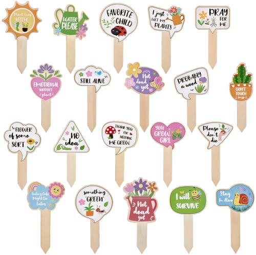 CRASPIRE 20 Stili Divertenti Segnapiante in Legno Bastoncini per Piante Etichette Tag Nome Picchetti Segnali da Giardino in Legno Primaverile per Fiori Verdi Succulente in Vaso Segnapiante da Interno