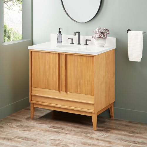 Signature Hardware 955208-36-UM-3 Sybill 36 Freestanding Teak Single Basin Vanity Set with Cabinet, Vanity Top, and Oval Porcelain Sink - 8 Faucet Holes - Natural Teak/Arctic White