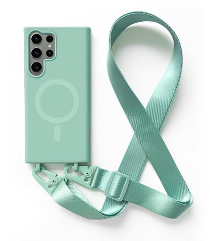 2NSPDRGNI Magnétique Coque avec Collier Compatible avec Samsung Galaxy S22 Ultra,Tour de Cou Lanière en Corde Pendentif Housse,Menthe Verte