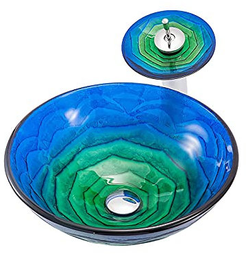 WEYFH Lavabo de baño de Cristal Templado, Redondo, sobre encimera, con Grifo Cascada (Verde)