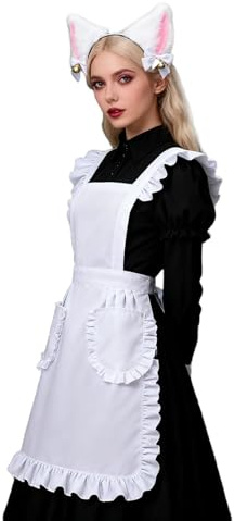 Faxianther Maid Costume Headband Apron Set, 2Pcs Halloween Cosplay Roleplay Mardi Gras Masquerade Lolita Cat Ear Hairband Headwear Maid White Ruffle Apron Costume Outfit Accessories Supplies
