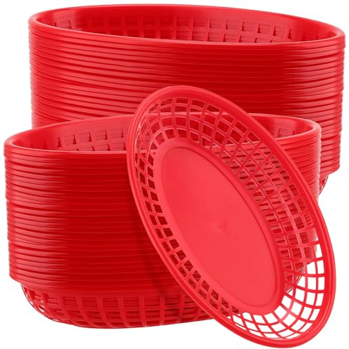 NGOSUET 60 Stück Rot Pommes Körbchen, 23x14,5x4cm Servierkörbe Kunststoff Fast Food Körbe Servierkörbchen, Oval Lebensmittelkörbe für Party Picknick Grill