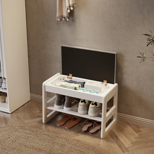 AQIMUELE Schuhregal Bank mit Kissen, 2 Ebenen, Schuhbank mit Klappdeckel, Schuhregal aus Holz für Eingang, Flur 60CM (Weiß)