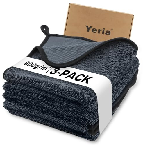 Yeria 3er Pack Auto Trockentuch Dusche (3, Graue Verpackung, 40 * 60) | 600GSM Mikrofaser Trockentücher, Wundertuch, Auto Handtuch, Box, Saugstark, Streifenfrei, für Auto, Dusche, Glas, Küche, Bad