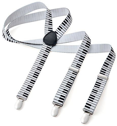 Herren Damen Long Hosenträger Y Form Style 3er Clips elastisch Schmal Unifarbe und Bunt mit verschiedenen Motiv, Mehrfarbig (Weiss Klavier),Gr. One Size