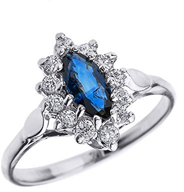 Bague Femme/Bague De Fiançailles 14 Ct Or Blanc Diamant Et Marquise Saphir