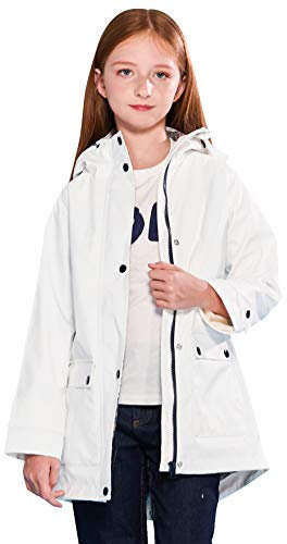 SOLOCOTE Veste de pluie pour enfants avec capuche imperméable et coupe-vent sac à dos en caoutchouc doublé pour filles et garçons blanc 5-6 ans