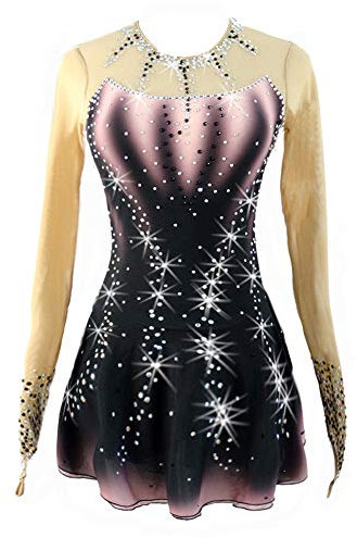 Schwarzes Eiskunstlaufkleid mit Farbverlauf, Perlen, lange Ärmel, Rollschuh-Kleid, Pink, S