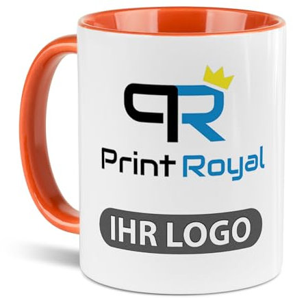 Tassendruck Firmen-Tassen 12 Stück mit eigenem Logo gestalten - Geschenke zum Firmenjubiläum, für Kollegen, Merchandise, B2B | Personalisierte Fotogeschenke, Innen & Henkel Orange, 300 ml