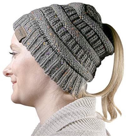 cosey - Strick Wintermütze – Pferdeschwanz-Mütze mit Zopfloch für Damen und Mädchen - Gesprenkelt Grau