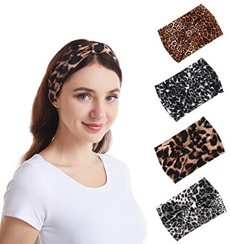 Bohend Mode Frauen Weise Stirnband Leopard Breit Haarband Verknotet Bandeau Dehnbar Baumwolle Stirnband Polyester Sport Haar Zubehör zum Mädchen(4 Packung)