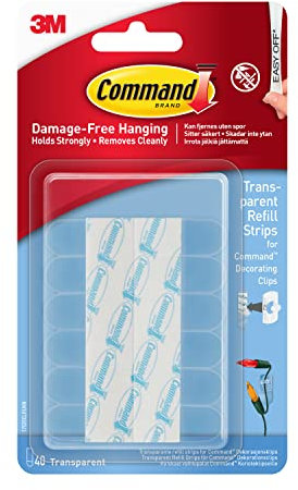 Command Mini Clear Refill Strips for Command Decorating Clips - 40 Adhesive Strips - Hanging Clips for Decorations and Fairy Lights - Damage Free Hanging