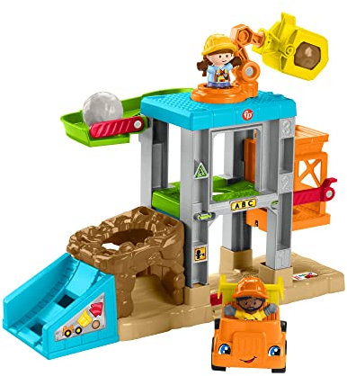 Fisher-Price- Playset Little People Cantiere Carica e Impara con Suoni, Include una Gru, un Ascensore, un Camion e 2 Personaggi Operai Edili, Giocattolo per Bambini 18+Mesi, HCJ64