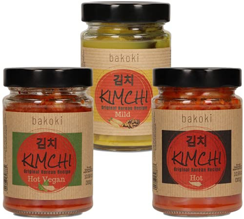 Bakoki Kimchi‑Set 3×300 g – Hot (Gochugaru) · Hot Vegan · Mild (Baek mit Kurkuma) – traditionell fermentiert, probiotisch, inkl. veganer Variante, ohne künstliche Zusätze - 3er Pack
