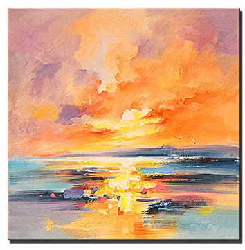 Peinture à l’huile abstraite au coucher du soleil faite à la main sur toile Tableau d’art mural de paysage moderne peint à la main pour le cadeau de décoration de salon, rouge, 110×110Cm (44