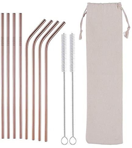 Hooton Homeware Metal Reusable Straws and Cleaner, Set of 8 Coloured Stainless Steel Drinking Straws 21.5cm 0.06cm 8.5'' (4 Straight + 4 Bent + 2 Brushes with Bag Case) (Rose Gold)
