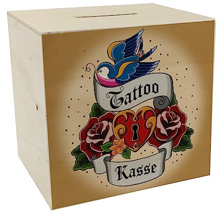 Tattoo Kasse Spardose aus Holz Dekoration Sparschwein Geschenkidee Körperkunst Tätowierer Tätowierung als Geschenk