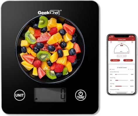 Geek Chef Food Scale,Smart Food Nutrition Scale, Scale for Food Weight Loss,Digital Kitchen Scales,Kitchen Tools for Baking, Cooking,Meal Prep ,1g/0.1oz Precise Graduation,Tempered Glass-Black