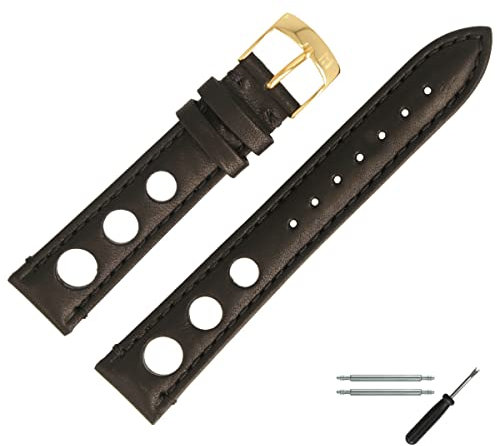 MARBURGER Uhrenarmband 20mm Leder Schwarz Gold Mit Naht - Montage Set 7732010000220