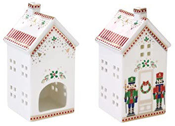 EASY LIFE NUSSKNACKER Kerzenhalter Haus aus rotem Porzellan 6,5x6,5x14,5 cm