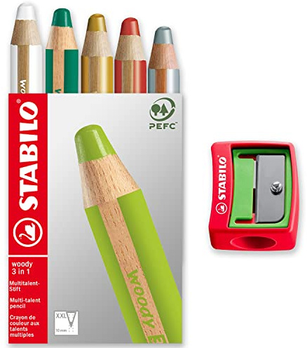 STABILO Multitalent Bleistift holzig 3-in-1 Box mit 5 Stück – Rot, Dunkelgrün, Weiß, Silber & Gold + Spitzer