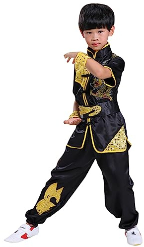 Ensemble de costume chinois pour garçons et filles avec haut et pantalon de Kung Fu Maître Tai Chi Dragon, noir, 12-14 ans