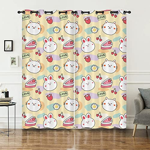 HOSIMA Tier Nachtisch Vorhänge Blickdicht Gardinen Mit Ösen,2-Set 117x138cm Kuchen Katze Kaninchen Bunt weiche Verdunklungsvorhänge für Wohnzimmer Kinderzimmer(Tier Nachtisch 117x138cm