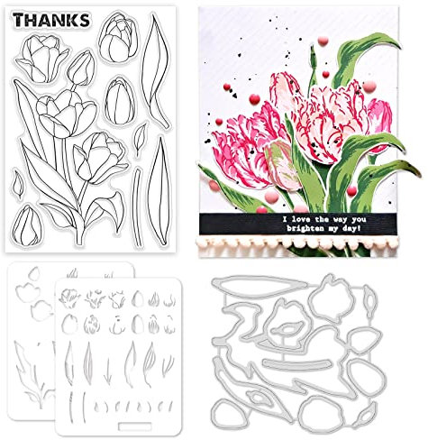 ORIGACH Realistische Tulpen Stempel und Sterben und Schichtung Färbung Schablone Bundle für die Kartenherstellung Album Kunsthandwerk Zubehör