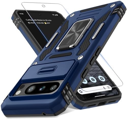 DEERLAMN Case for Google Pixel 8 Pro with Slide Camera Cover+Screen Protector (1 Pack), Rotated Ring Kickstand Military Grade Shockproof Heavy Duty Protective Cover -Navy Blue