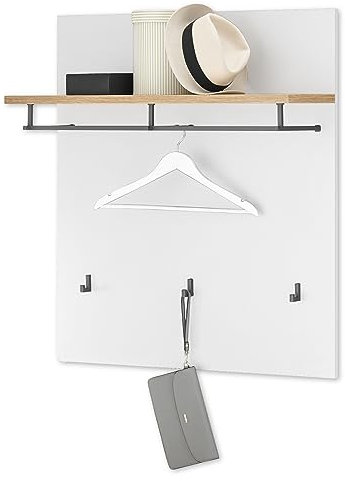 Stella Trading Milan Panneau de vestiaire Blanc, Aspect chêne Artisan - Tablette Porte-Chapeaux Moderne avec Crochets muraux fiables pour Vestes & Sacs - 85 x 95 x 27 cm (L/H/P)