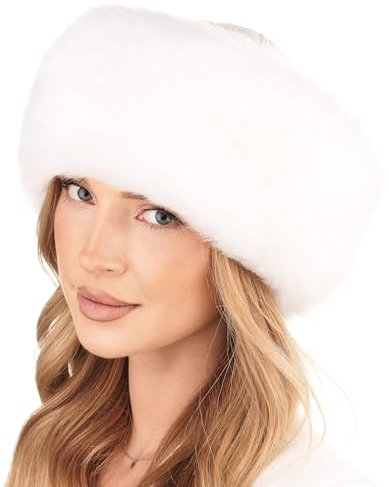 Futrzane Siberian Mütze mit Fellrand - Fellmütze Damen - Pelz und Leder Hut (S, Weiß - Weiß Siberian)