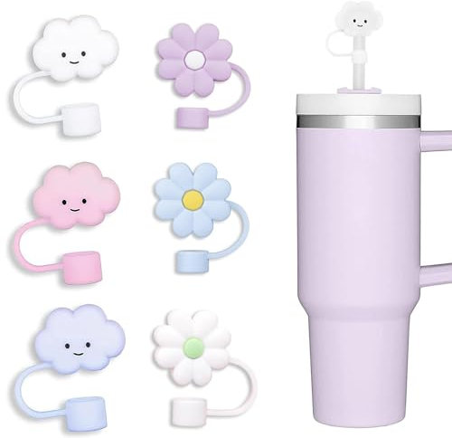 Cubierta para popote de 10 mm, 6 tapas para popotes para taza Stanley de 40 onzas, 30 onzas, silicona de grado alimenticio, bonita flor de nube grande, tapones protectores para vasos Stanley para