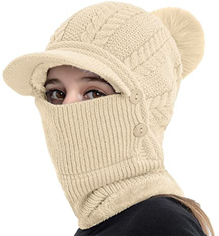 Rayson Kapuzenschal Damen Wintermütze mit Schirm Fleece Gefüttert Strickmützen 3 In 1 Verstellbarer Gesichtsschutz Balaclava für Damen(Beige, Einheitsgröße)