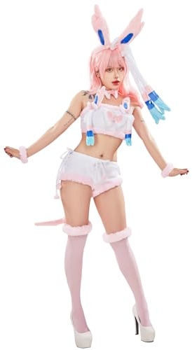 Mobbunny Süßes Damen-Pyjama-Set, rosa pelziges Oberteil und Shorts, Anime, Cosplay, Hauskleidung, Nachtwäsche
