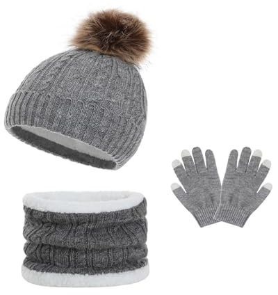 Haube Und Schal Damen Set Winter Verdickte Warme Mütze Schal Handschuh Gestrickte DREI Stück Set Mütze Und Schal Damen Set Herbst (Dark Gray, One Size)