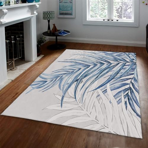 CIHCOHOME Graue Fläche Teppich Blaue Pflanze Blätter Teppiche Rustikaler Bauernhaus Bereich Teppich für Flur Eingang Badezimmer Schlafzimmer Küche Dekor rutschfest Waschbar 100x150cm