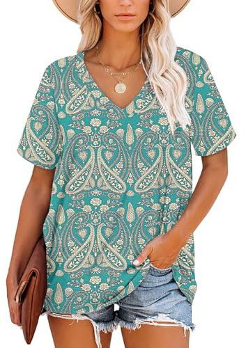 NARRAME Damen T-Shirts Sommer Gestreifte V-Ausschnitt Tops für Frauen Paisley Boho Blumenmuster Grün Groß L 42-44