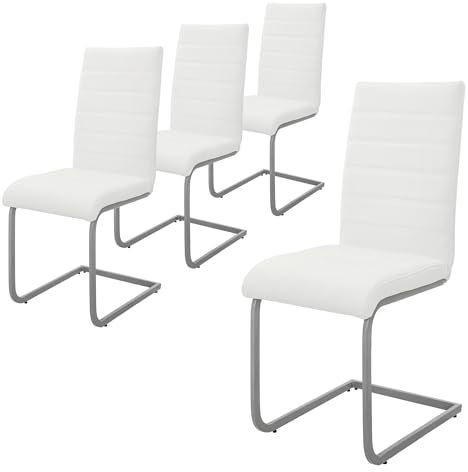 ML-Design Esszimmerstühle 4er Set, Weiß, Schwingstuhl, Freischwinger Stuhl mit hoher Rückenlehne, Ergonomische Küchenstühle aus Kunstleder & Metall, Moderner Polsterstuhl für Esstisch & Wohnzimmer