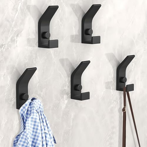 Gerhannery Doppio Ganci Appendiabiti, 5 Pezzi da Parete con Viti, Nero in Metallo, per Bagno, Cucina, Ufficio, Camera da Letto